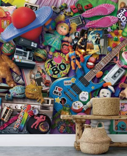 papel pintado colorido de los 80 juguetes y artículos icónicos