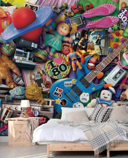 papier peint coloré jouets et objets emblématiques des années 80