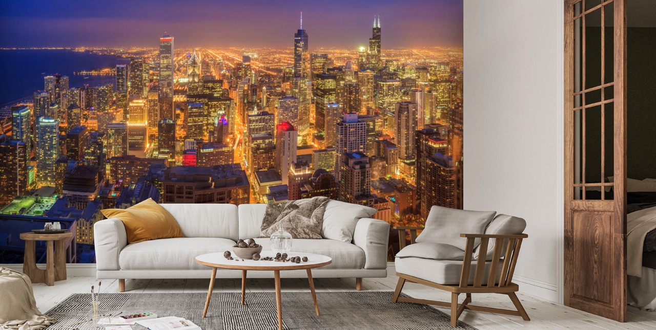 Skyline de Chicago no mural da parede da noite | Wallsauce PT