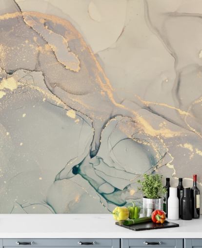 mural de papel pintado de mármol personalizable teñido de gris claro y lila llamado Dreamy Marble Effect para cocinas, dormitorios y baños