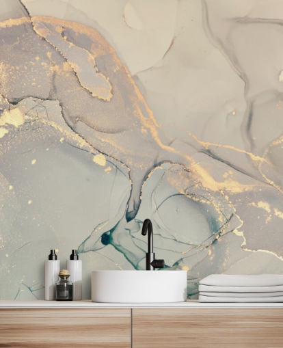 mural de papel pintado de mármol personalizable teñido de gris claro y lila llamado Dreamy Marble Effect para cocinas, dormitorios y baños