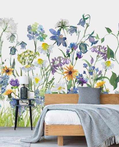 blauw, paars en geel weidebloemen behang