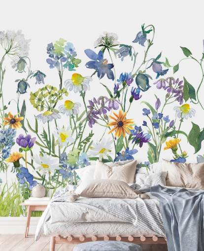 blue, purple and yellow meadow flowers wallpaper