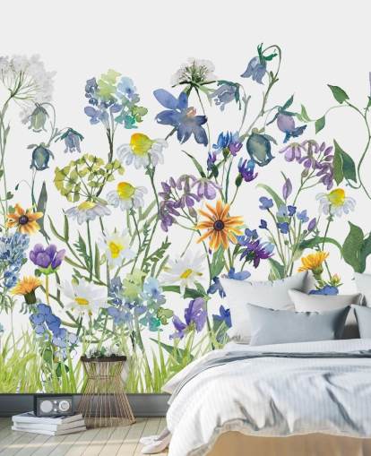 blå, lila och gul äng blommor tapeter