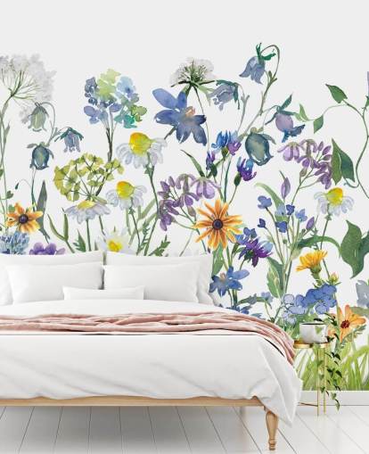 blå, lila och gul äng blommor tapeter