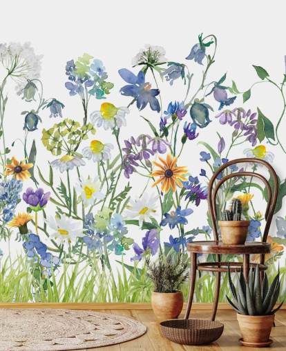 papier peint fleurs de prairie bleu, violet et jaune