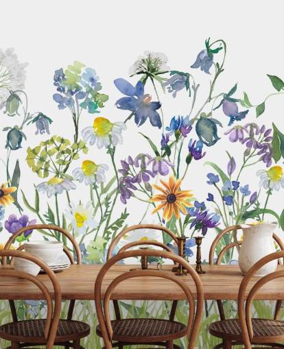 blue, purple and yellow meadow flowers wallpaper