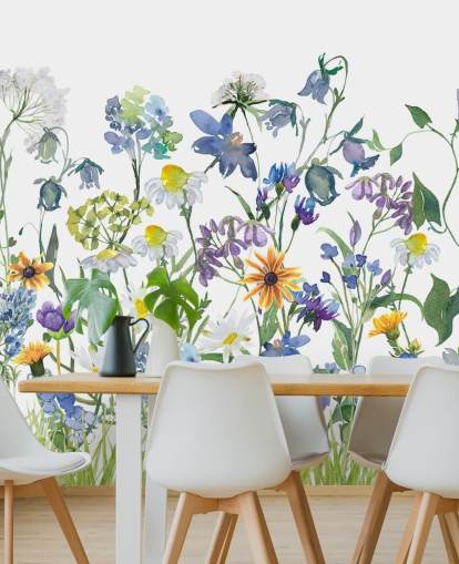 blue, purple and yellow meadow flowers wallpaper