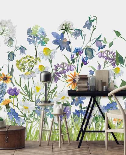 blue, purple and yellow meadow flowers wallpaper