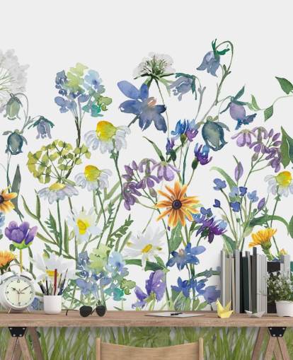 blauw, paars en geel weidebloemen behang