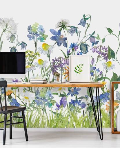 blue, purple and yellow meadow flowers wallpaper