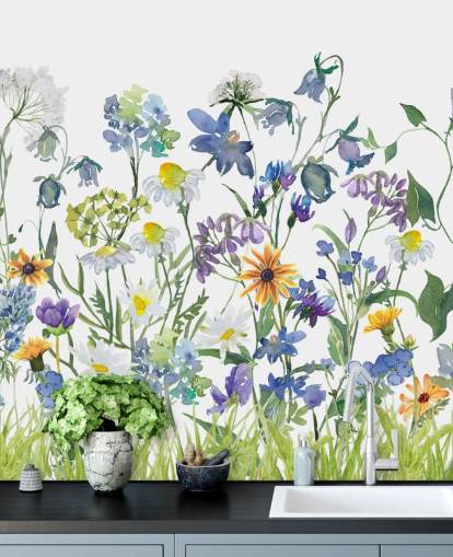 blue, purple and yellow meadow flowers wallpaper