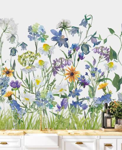 papel pintado de flores de prado azul, morado y amarillo papel pintado de flores de prado azul, morado y amarillo