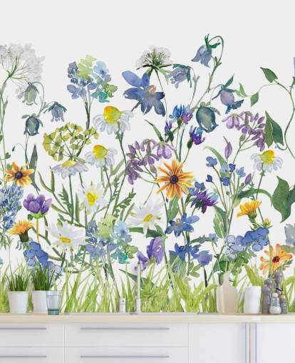 blue, purple and yellow meadow flowers wallpaper