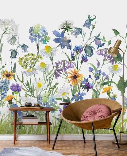 carta da parati fiori di prato blu, viola e giallo