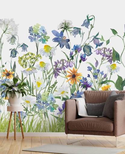 blaue, lila und gelbe Wiesenblumen Tapete blaue, lila und gelbe Wiesenblumen Tapete