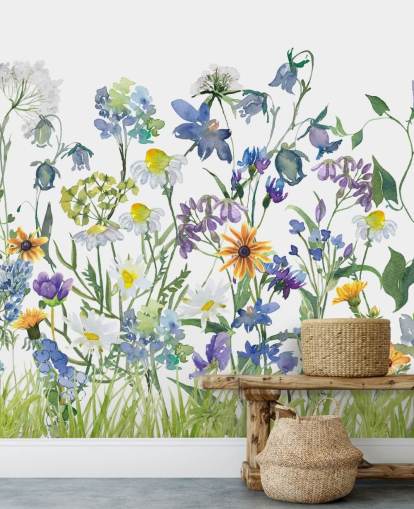 blue, purple and yellow meadow flowers wallpaper