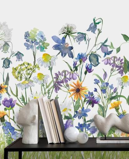 blue, purple and yellow meadow flowers wallpaper