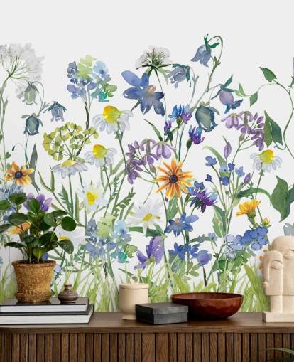 blue, purple and yellow meadow flowers wallpaper