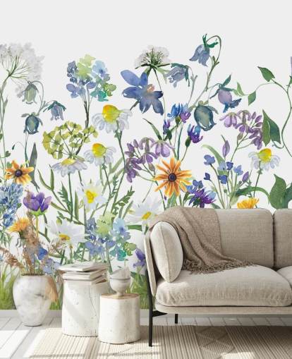 blauw, paars en geel weidebloemen behang