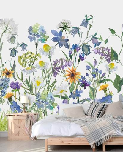 carta da parati fiori di prato blu, viola e giallo