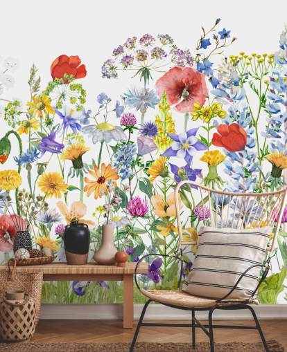 geschilderd groeiende bloemen behang