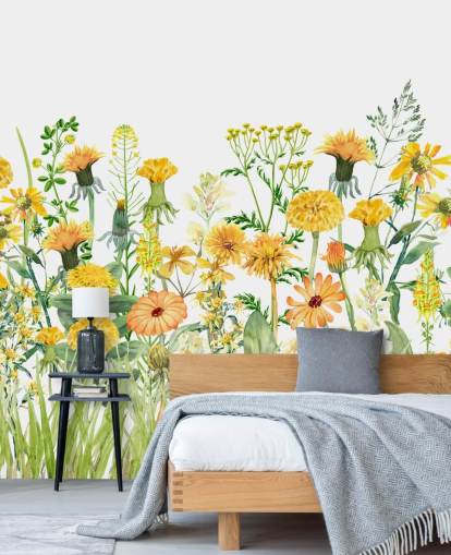 gelb bemalte wachsende Blumen Tapete