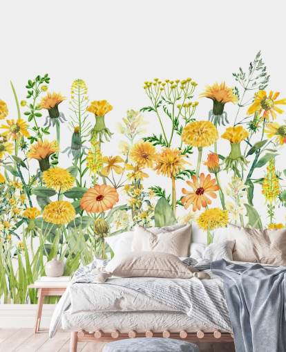 yellow painted growing flowers wallpaper