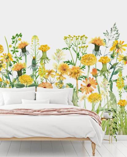 gelb bemalte wachsende Blumen Tapete