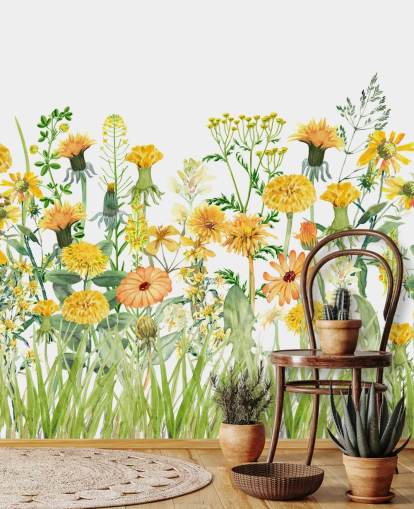 yellow painted growing flowers wallpaper