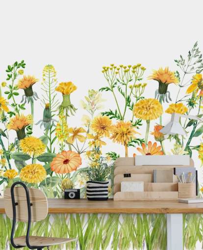 yellow painted growing flowers wallpaper