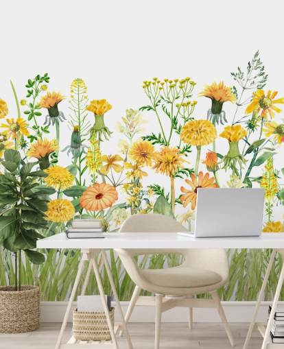 geel geschilderde groeiende bloemen behang geel geschilderde groeiende bloemen behang