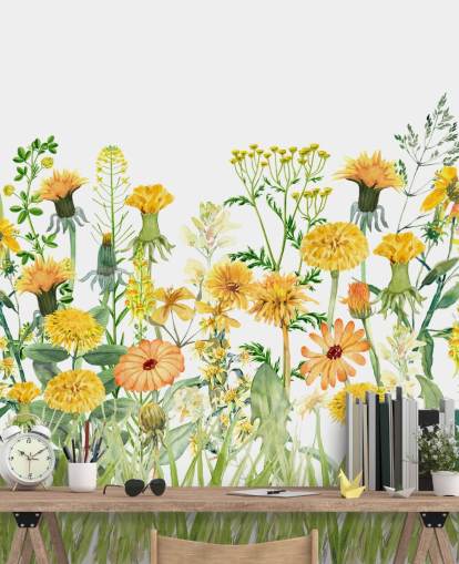 geel geschilderde groeiende bloemen behang