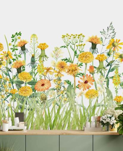 carta da parati gialla con fiori in crescita