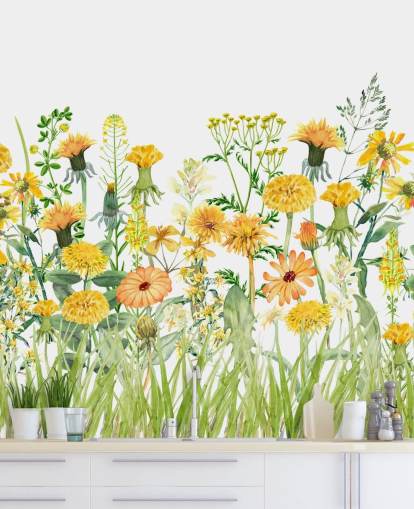 yellow painted growing flowers wallpaper