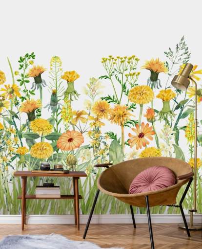 gelb bemalte wachsende Blumen Tapete