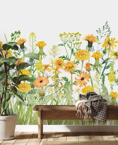 gelb bemalte wachsende Blumen Tapete