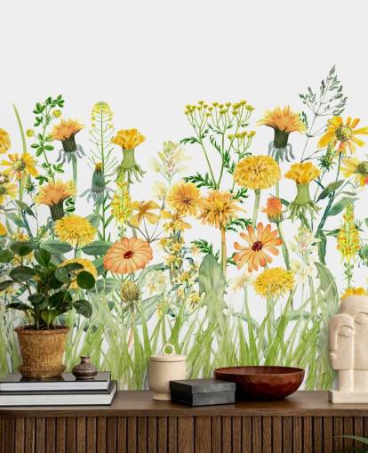 geel geschilderde groeiende bloemen behang