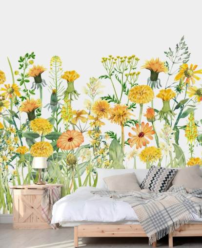 gelb bemalte wachsende Blumen Tapete