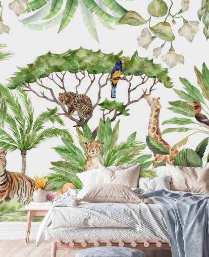 illustrierte Tiere in Dschungel-Tapete