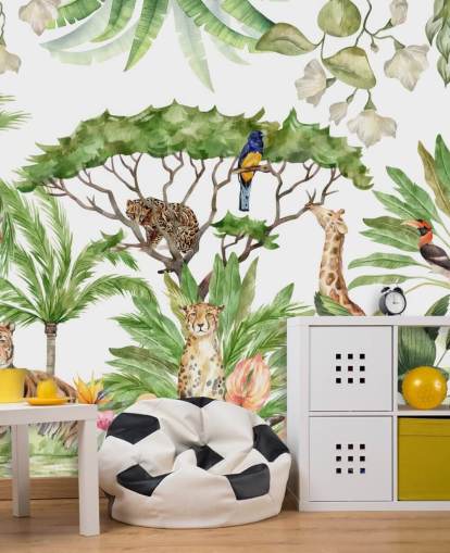 illustrated animals in jungle wallpaper