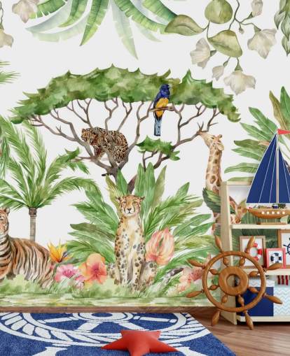 illustrated animals in jungle wallpaper