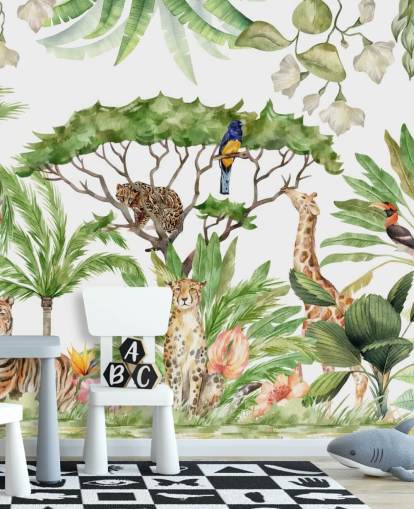 carta da parati con animali illustrati nella giungla