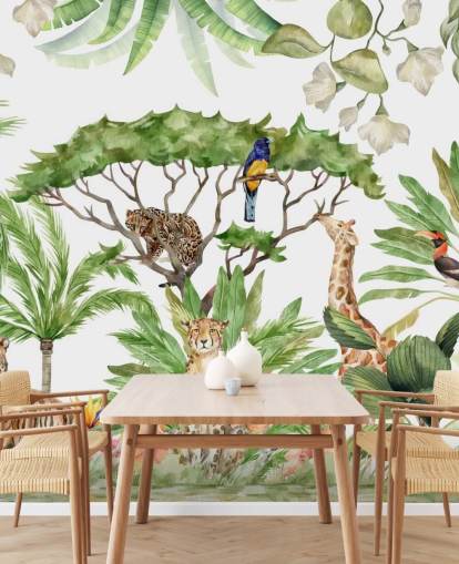 carta da parati con animali illustrati nella giungla
