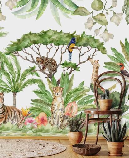 papier peint animaux illustrés dans la jungle
