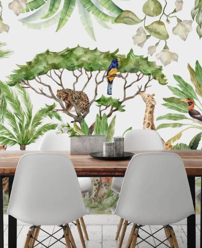 illustrated animals in jungle wallpaper