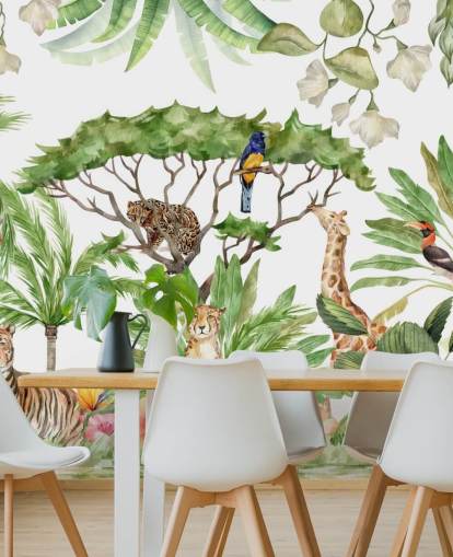 carta da parati con animali illustrati nella giungla