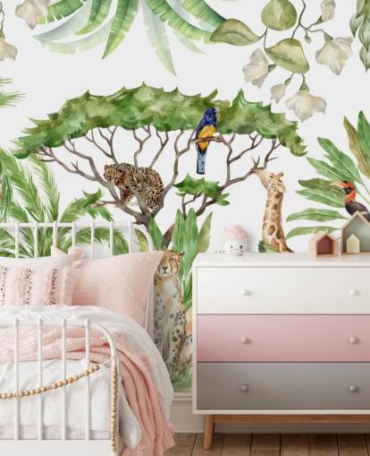 illustrated animals in jungle wallpaper