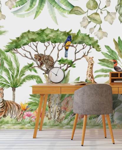 illustrated animals in jungle wallpaper