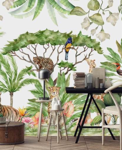 carta da parati con animali illustrati nella giungla